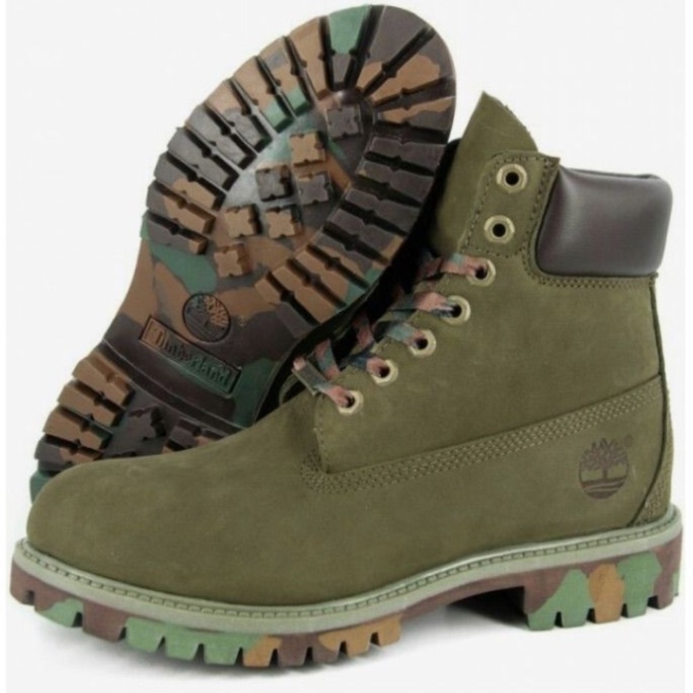 Timberland | Olive green Timberland boots with camo soles, 4 juniors | 6 womens